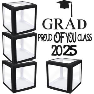 Graduation Decorations Class of 2025-4PC Clear Balloon Boxes with GRAD Letters, So Proud of You Props - Reusable Graduation Party Favors for College, High School (Black, 11.8 * 11.8 Inch)