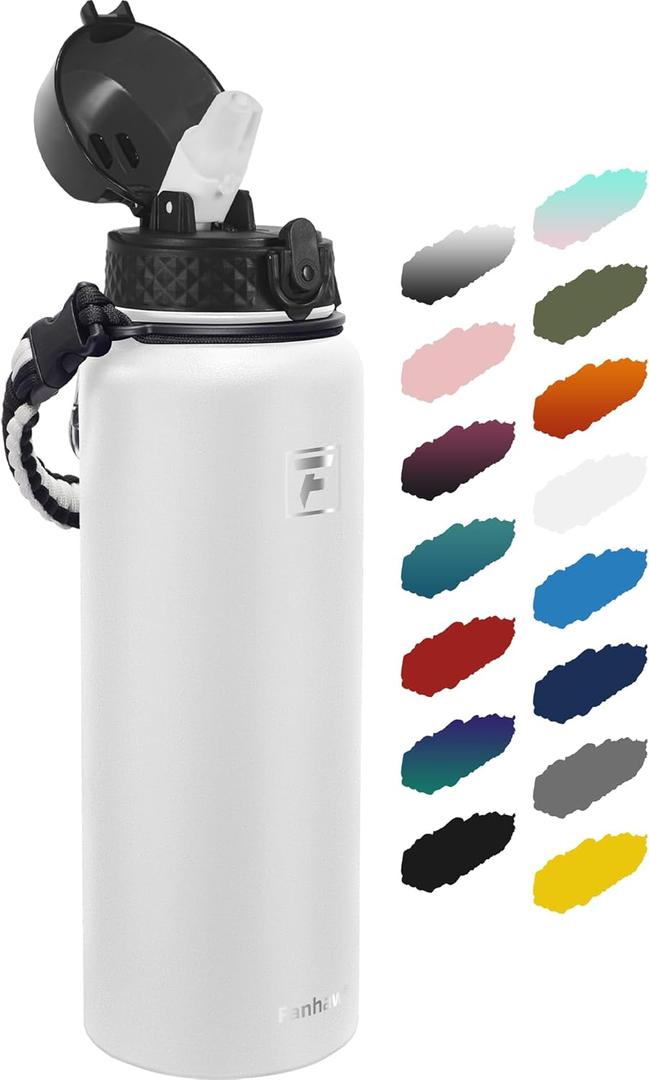 Fanhaw 40 oz Insulated Stainless Steel Water Bottle with Straw Lid, Leakproof Extra-Large Sports Bottle for Men & Women (White)