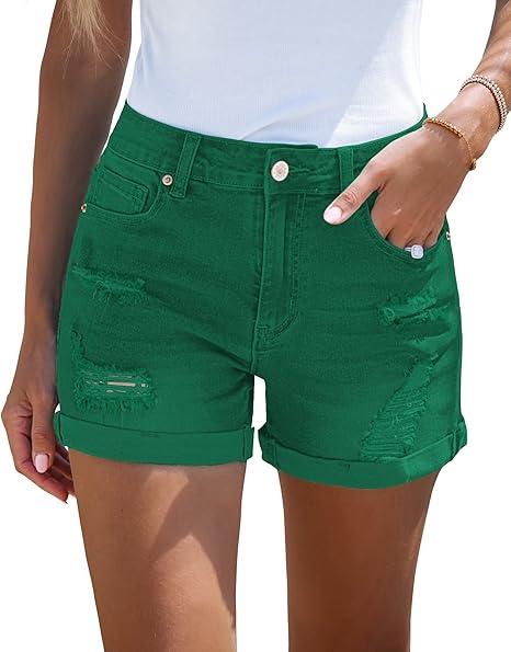 LookbookStore Women's High Waisted Rolled Hem Distressed Jeans Ripped Denim Shorts M Verdant Green