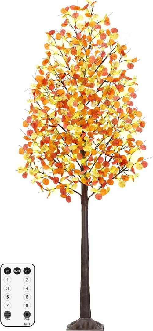 Remon 8FT Lighted Fall Tree - Artificial Fall Light Up Eucalyptus Tree with 210 Lights, 630 Leaves, Remote 8 Flashing Modes, Timing for Thanksgiving Autumn Harvest Indoor Outdoor Decorations