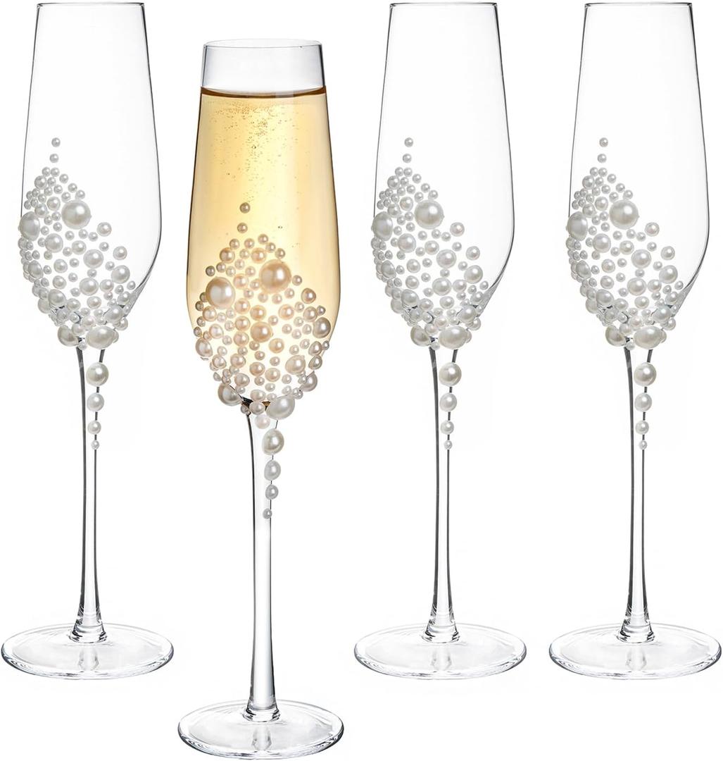 MyGift Champagne Flutes 6 oz, Clear Glass Stemmed Toasting Glasses with Faux White Pearls  Wedding, Bridal Shower & Bachelorette Party Glassware Set of 4