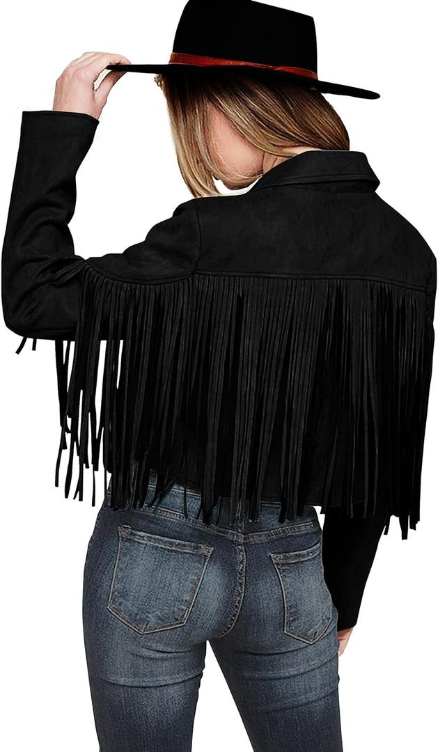 PRETTYGARDEN Women's Fringe Faux Suede Leather Jackets Fall Fashion 2025 Tassel Motorcycle Cropped Coats (Black), XL