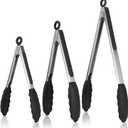Kitchen Tongs, U-Taste 7/9/12 inches Cooking Tongs, with 600F High Heat-Resistant Non-Stick Silicone Tips, 18/8 Stainless Steel Handle, for Food Grill, Salad, BBQ, Frying, Serving, Pack of 3(Black)