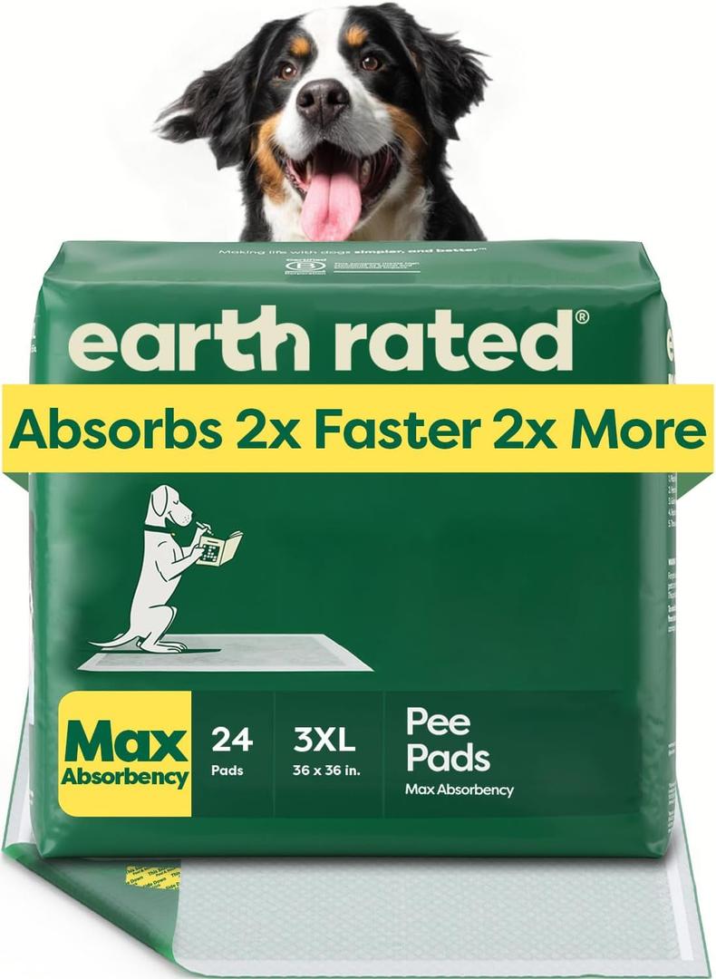 Earth Rated Puppy Pads, Max Absorbency Pee Pads for Dogs, Absorbs 2X Faster & 2X More, Leak Prevention, Potty Training, Fragrance-Free, Unscented, 3XL, 36 x 36, 24 Count