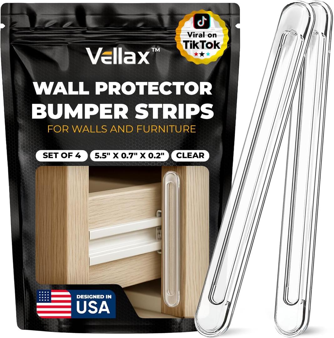 2 x 4 Clear Silicone Wall Protector Strips Self-Adhesive Door Slam Stoppers & Noise Dampening Bumpers for Cabinets, Car, Toilet Lids, Drawers, Shower 5.5" x 0.7" x 0.2" by Vellax