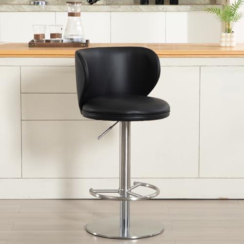 AULIFE Stainless Steel Bar Stools,Grade Modern Leather Bar Chair with Backrest,Swivel Adjustable Height for Kitchen Counter and Dining Room (Black Leather-1pc)