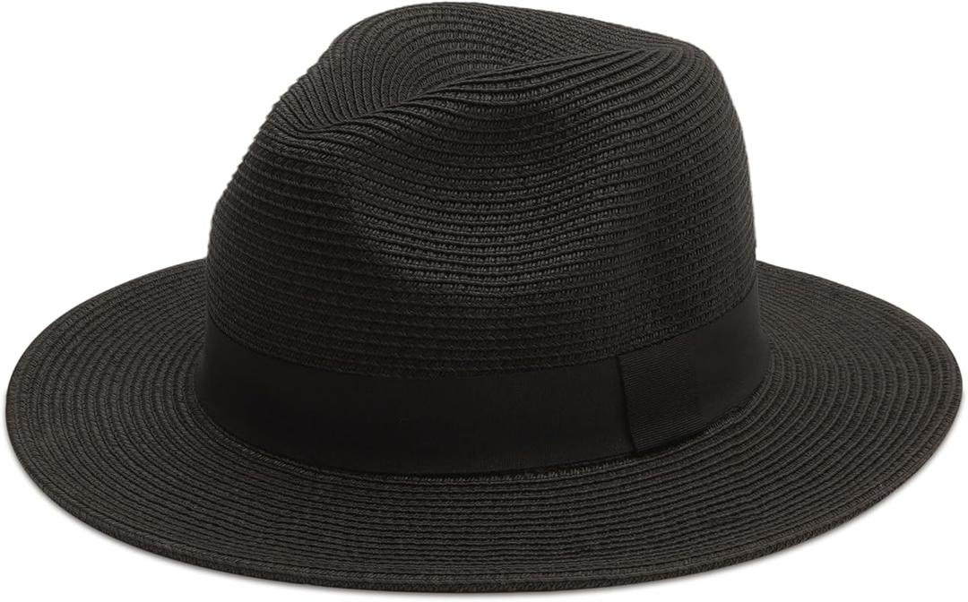 Joywant Womens Straw Fedora Beach Sun Hat, Packable Wide Brim Panama Hat for Women UV UPF50+ Summer Hat (Black, L)