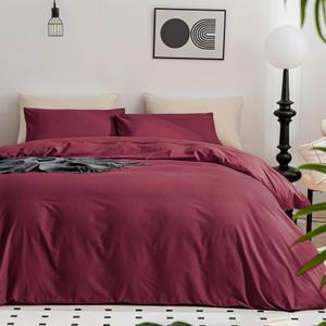 JELLYMONI Burgundy Duvet Cover Queen Size - 100% Washed Cotton Linen Like Textured Comforter Cover, 3 Pieces Breathable Soft Bedding Set with Zipper Closure (Burgundy, Queen 90"x90")