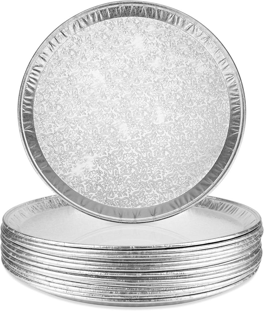 15 Pack Serving Platters 14, Large Disposable Aluminium Foil Serving Trays for Parties, Silver Embossed Foil Serving Dishes/Plates for Vegetable, Fruit, Slices of Cake, Cookies