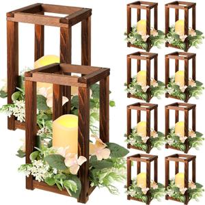 Hushee 30 Pcs Wooden Wedding Lantern Centerpiece Integrated Holders with Candles and Wreaths Rustic Wooden Candle Lantern Decor for Wedding Party Table Valentine Decor (Brown)