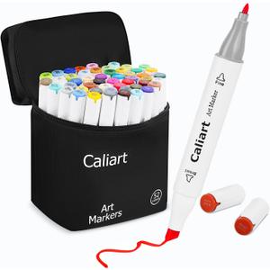 Caliart 52 Colors Alcohol Markers Dual Tip, Fine & Chisel Permanent Drawing Pens with Case, Based Art Markers for Adult Coloring Books No Bleeding, Artist Sketch Illustration Lettering Craft Supplies (52 Count (Pack of 1))
