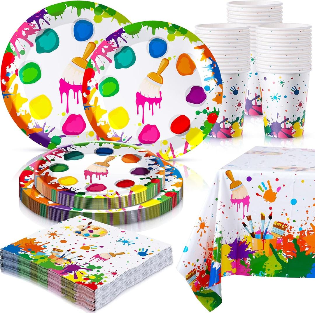 122 Pcs Art Paint Party Decorations Sip and Art Party Supplies, Artist Paint Plates Napkins Cups Plastic Tablecloth Artist Tableware Serves 24 Guests for Birthday