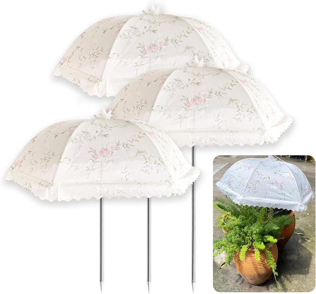 TIMSO Adjustable 3 Pack Plant Shade Umbrella for Outdoor Garden - Sun Protection Cloth & Umbrella for Plants, Potted Plants and Garden Beds (Large, White)