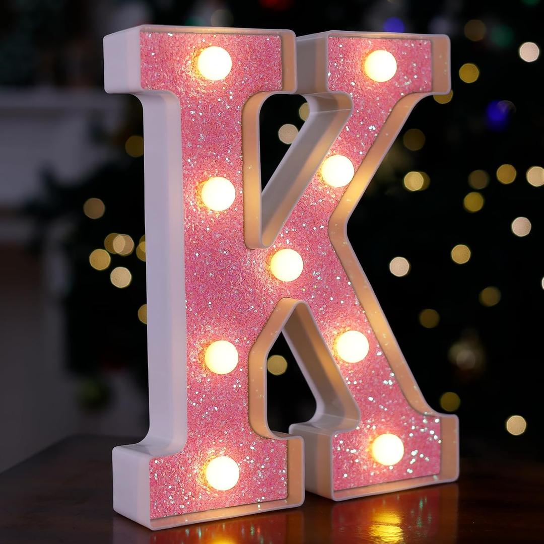 LED Letter Lights Pink Glitter Marquee Letters Light Up Alphabet Letters Sign Battery Powered for Home Party Decoration Night Bar Wedding Birthday Christmas Lamp Girls Gift - Letter K
