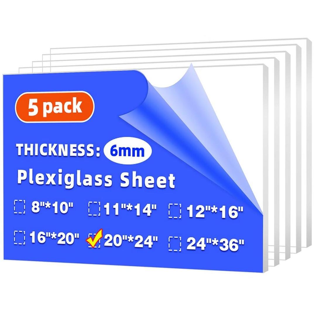 (5 Pack) 20" x 24" Plexiglass Sheets 1/4 inch Thick (6mm), Clear Acrylic Sheets Panel Cut to Size Plexiglass Acrylic Board, Cut with Engraver, Power Saw or Hand Tools, No Laser Cut.