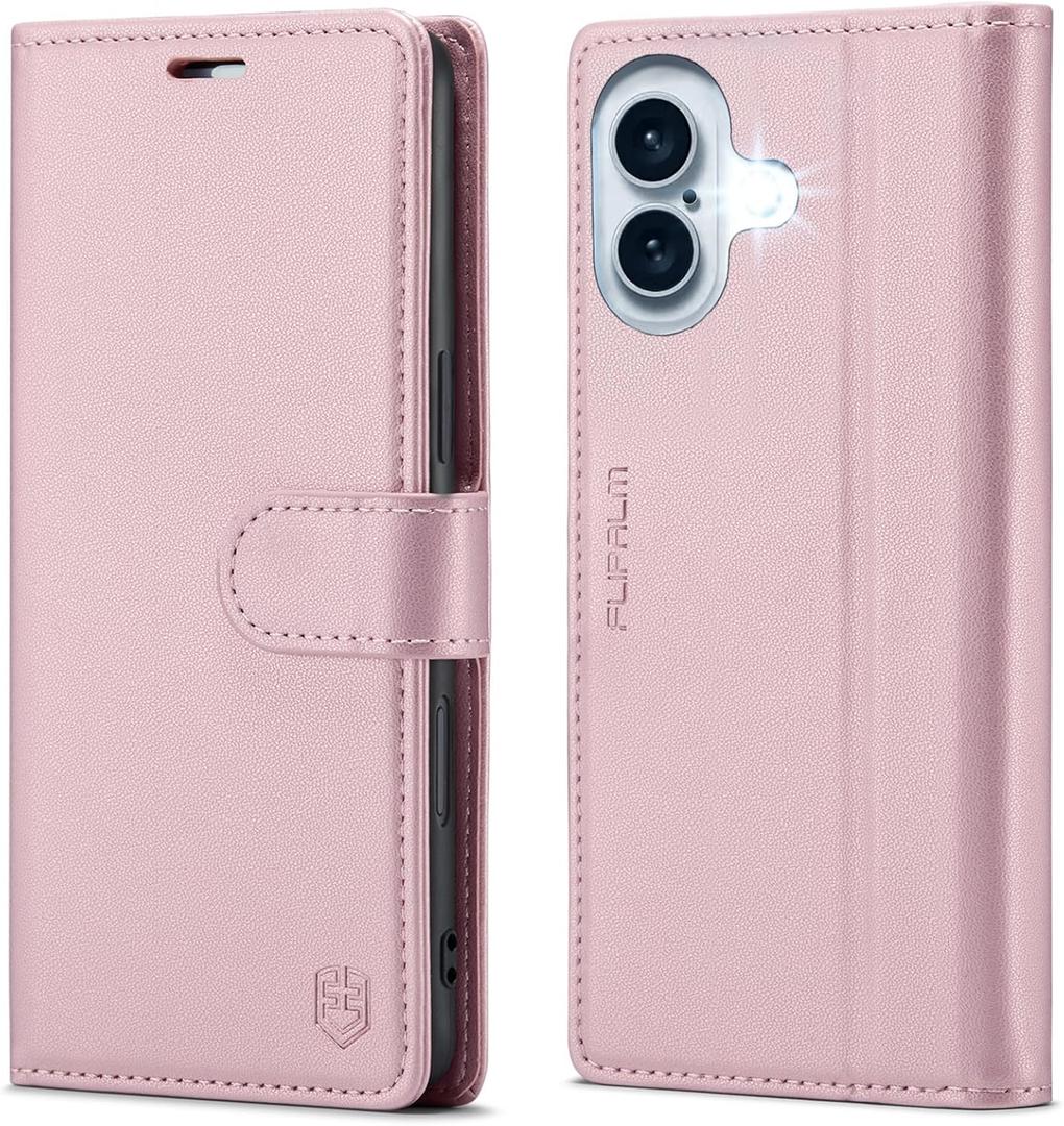 Wallet Case for iPhone 16, RFID Blocking Credit Card Holder, PU Leather Folio Flip Kickstand Protective Shockproof Cover for Apple 16 (Pink, for iPhone 16-6.1'')