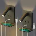 ZEROUNO Modern Bed Side Lamp for Bedroom Set of 2, Black Plug in Wall Mounted Reading Light, Corded Bedside Reading Wall Sconce with USB Port and Shelf, Headboard Reading Lamp Wall Mount with Switch