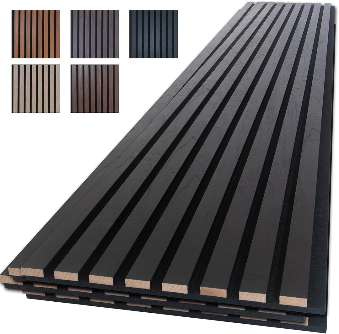 NeatiEase Wood Slat Wall Panels, 4-Piece 96" x 12.6", Soundproof & Noise Cancelling, Acoustic Wall Panels (Black)