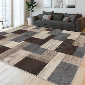 Modern Geometric Patchwork Indoor Area Rug for Living Room, Blue-Taupe 9'x 12' Large Rug Rockwood Collection Hardwood Floors Decor for Bedroom, Blue Throw Carpet for Office Entryway Dining Room