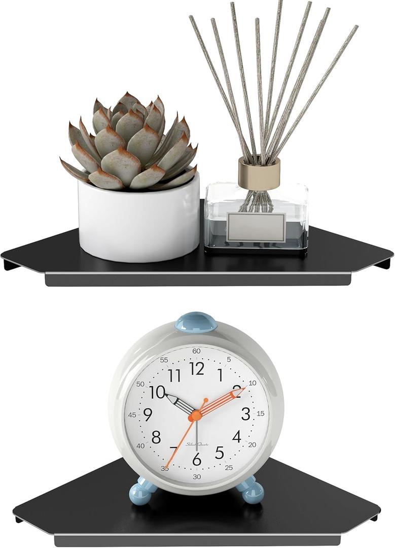 MKO Small Wall Mounted Floating Corner Shelves Metal Black Pack of 2 (8 in)