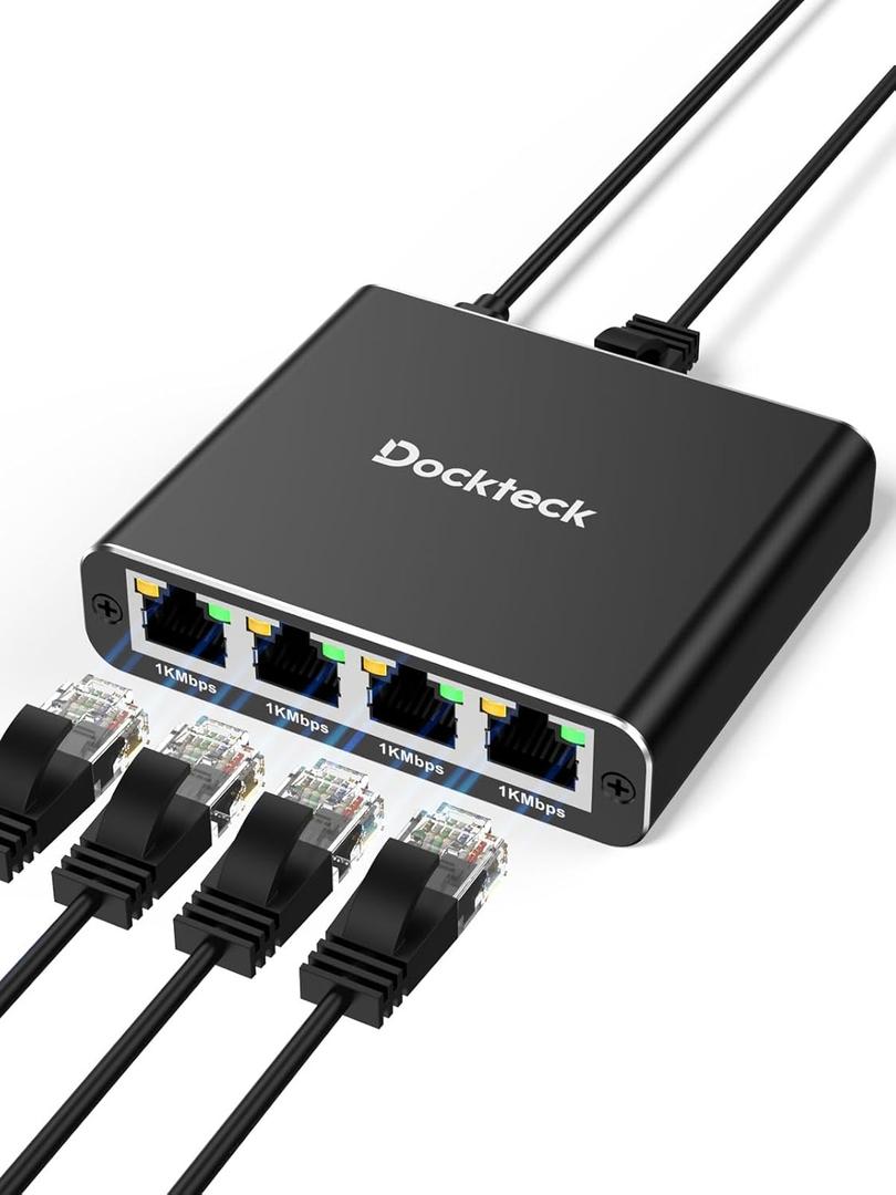 Ethernet Splitter 1 to 4 1000Mbps, Dockteck Internet Cable Splitter 1 in 4 Out High Speed Switch Network Gigabit for LAN RJ45 Port Router Switch Work with Cat5/5e/6/7/8 Cable