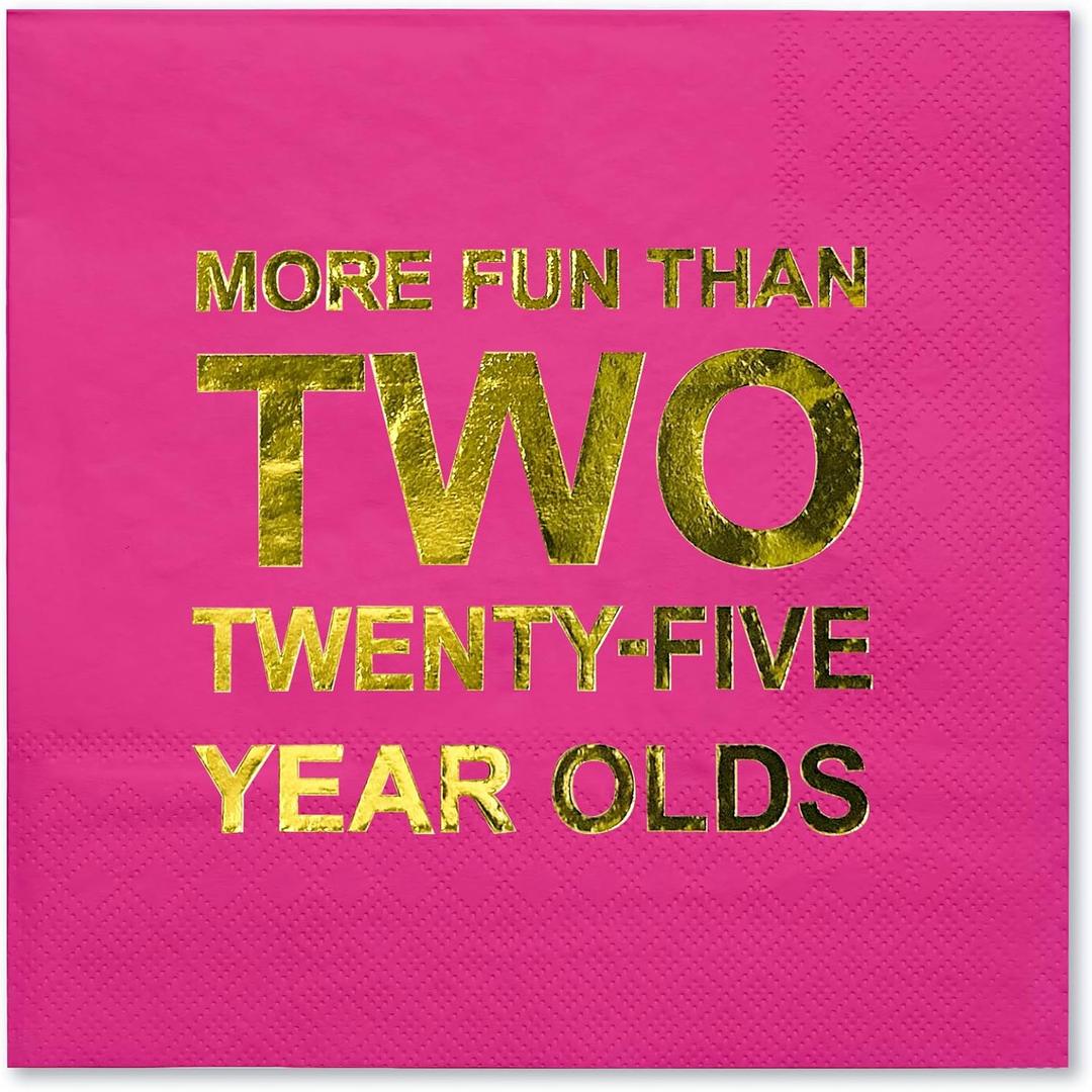 WRAPAHOLIC 50Pcs Gold 50th Birthday Napkins - 3-Ply Disposable 50 Years Birthday Anniversary Cocktail Napkins - Hot Pink Gold Foil More Fun than Two Twenty Five Year Olds - 5 x 5 In
