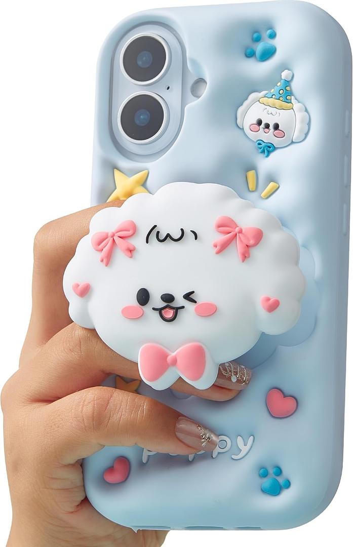 Kawaii 3D Dog Phone Case for iPhone 16 (with Retractable Phone Stand & Grip) Cute Girly Cartoon Soft Silicone Phone Cover for Girls, Kids, Teens, and Women, Blue