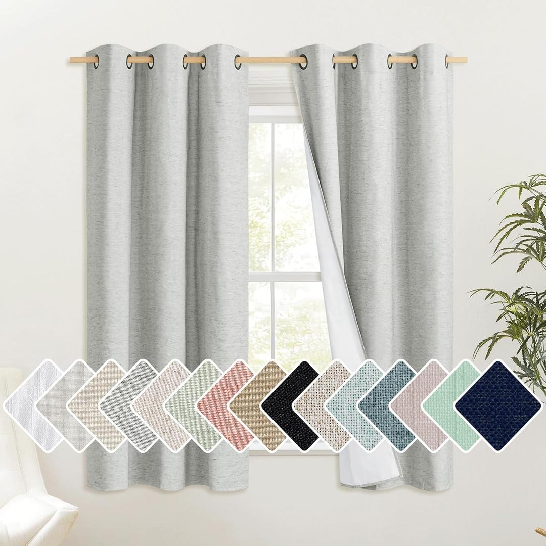 NICETOWN Grey 100% Blackout Curtain Panels, Set of 2, 42" Wide by 63" Long, Thermal Insulated White Thermal Insulated Liner Drapes for Nursery, Noise Reducing and Cold Blocking Drapes for Windows