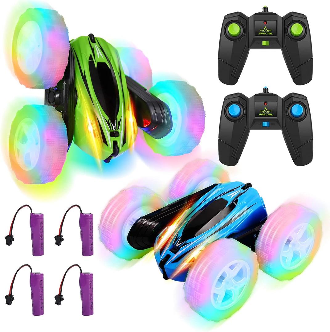 2 Pack Remote Control Car Toys for Kids, RC Stunt Cars with Wheel Lights, 2.4GHz Drift High Speed 4WD Off Road Double Sided 360° Rotating Cars, for Boys Girls