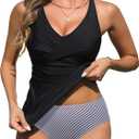 Yonique Tankini Swimsuits for Women Tummy Control Bathing Suits Two Piece Tankini Tops with Bikini Bottoms Twist Swimwear (XL, Black and Stripe)