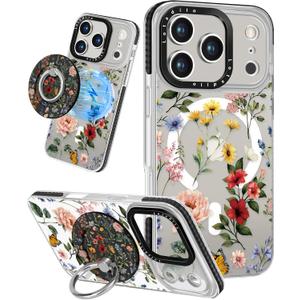Case for iPhone 17 Pro Max Case Compatible with Magsafe Ring Holder Stand - for Women Retro Flower Design TPU Phone Cover for Girls Girly Funny Fashion