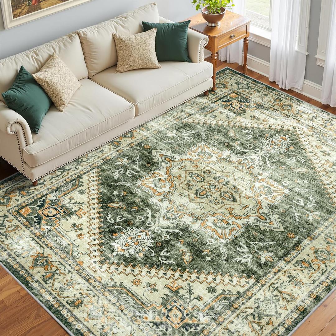 6x9 Area Rugs Washable Rug: Lagre Soft Living Room Rug Anti-Skid Indoor Floor Thin Carpet Vintage Stain Resistant Carpets for Bedroom Dining Room Farmhouse Nursery Office Green