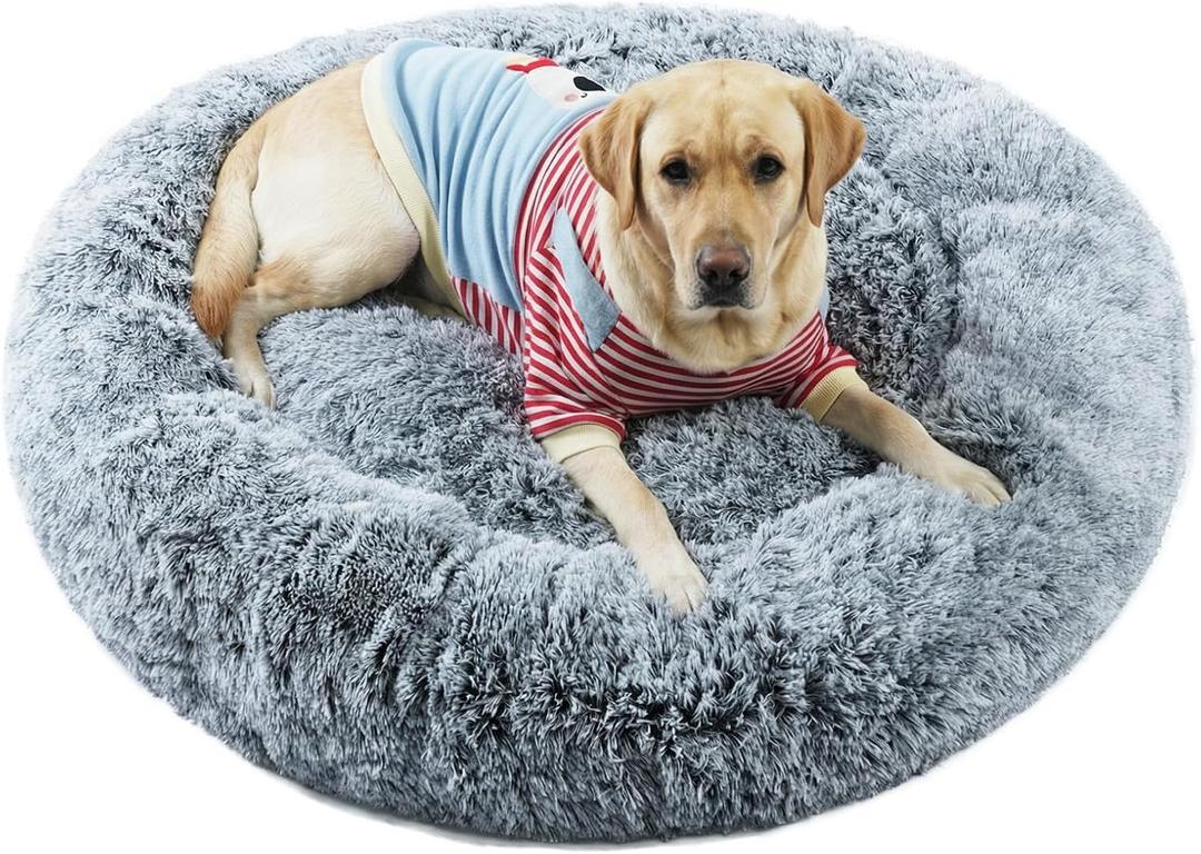 Large Round Donut Pet Bed for Dogs, 43 Inches, Suitable for Large Dogs up to 100 Pounds, Machine Washable with Detachable Cover, Waterproof and Anti-Slip, Gray