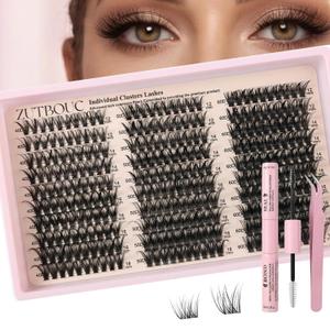 2 x Lash Cluster Natural Eyelash Cluster 300PCS D Curl Eyelashes Cluster Set-40/50/60D Lightweight lashes Clusters Extension, with Tweezers and Bond & Seal DIY Professional Eyelash Set (12-14-16-18mm)