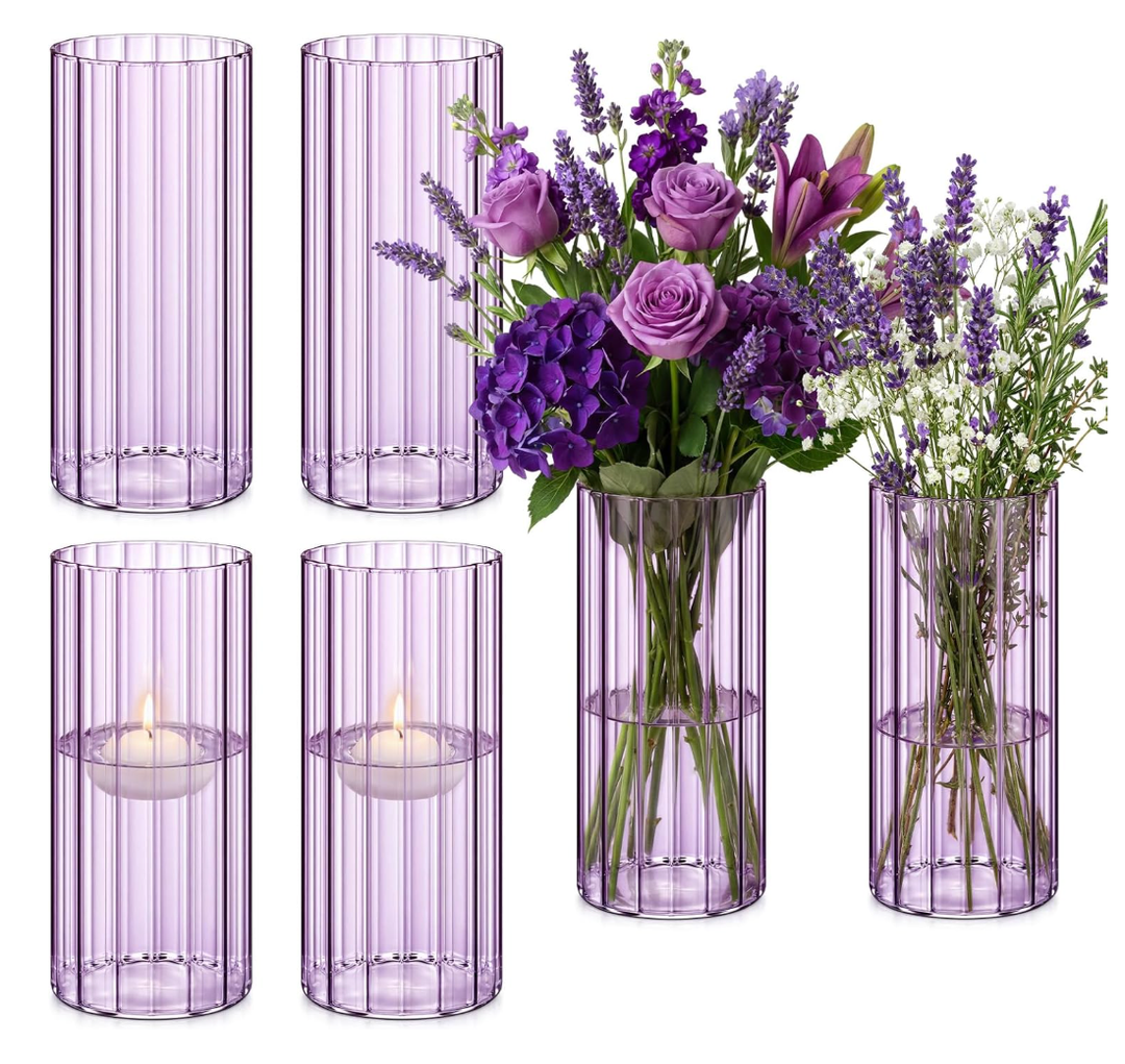 6 Pcs 4 Inch Tall Glass Ribbed Cylinder Vases Clear Floating Candle Flower Vase in Bulk, Hurricane Candle Holder for Wedding Housewarming Gift Table Centerpieces