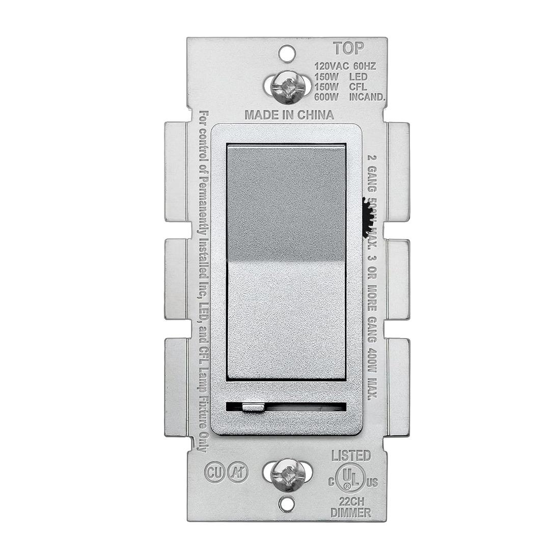 BESTTEN Matte Silver Dimmer Light Switch, Single Pole or 3-Way, Compatible with Dimmable LED, CFL, Incandescent and Halogen Bulb, 120VAC, Signature Collection Series, UL Listed