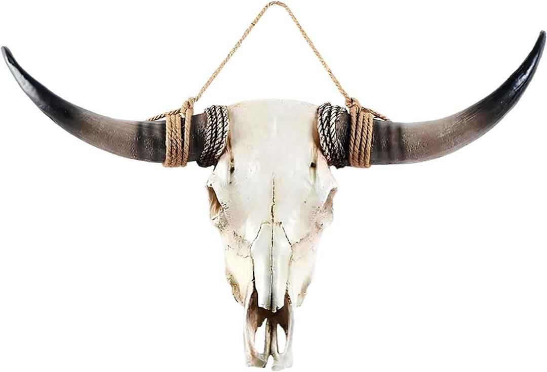 KIWZXKA Cow Skull Wall Decor - Faux Longhorn Skull Faux Taxidermy Head Wall Art Handmade - Large Bull's Head - Farmhouse Wall Sculpture - 31*24*7 Inches