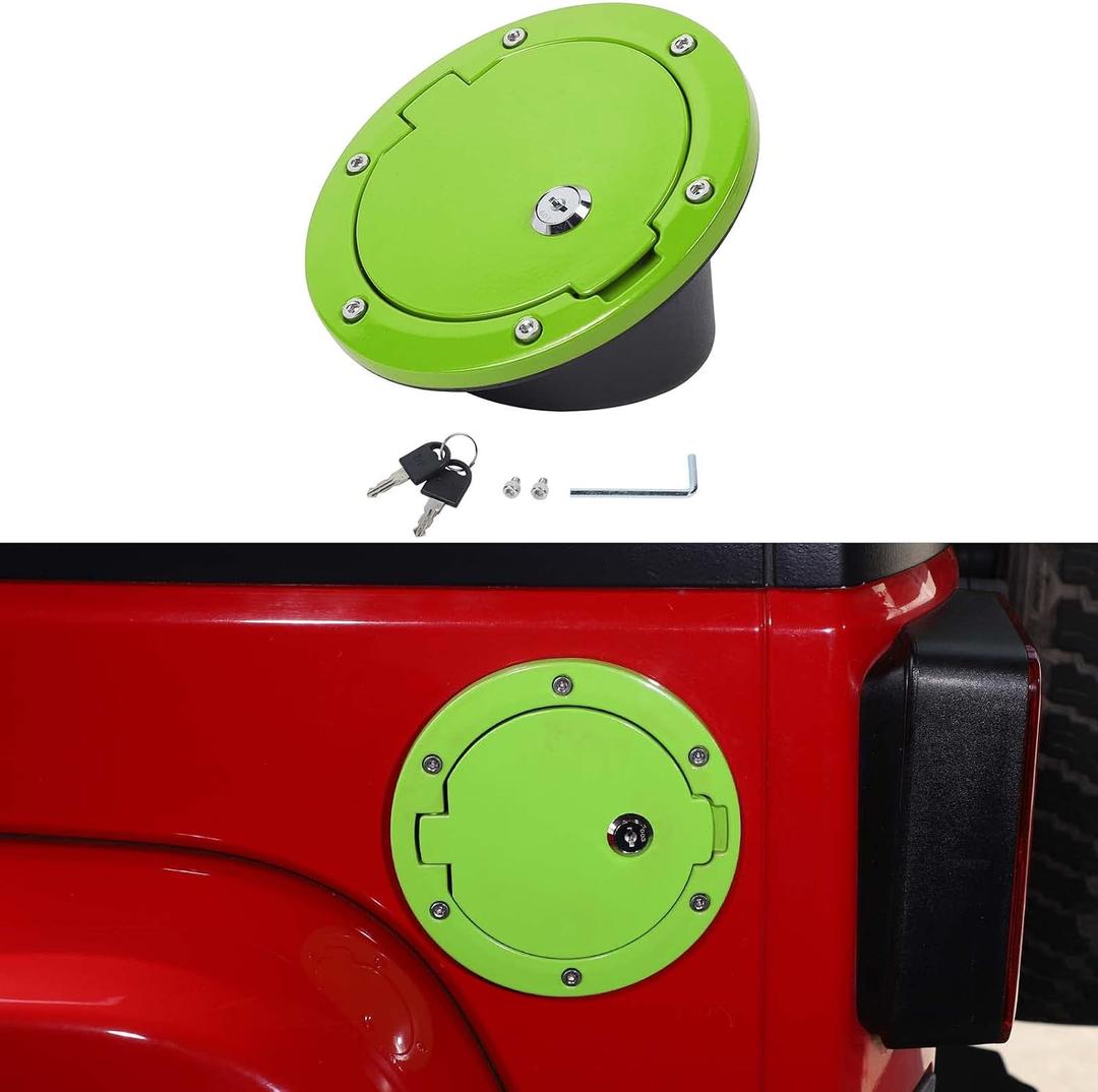 for JK Locking Fuel Filler Door Gas Tank Cap Cover, Aluminum Fuel Door Exterior Accessories for 2007-2018 Jeep Wrangler JK & Unlimited Sport Rubicon Sahara 2/4 Door(Green)