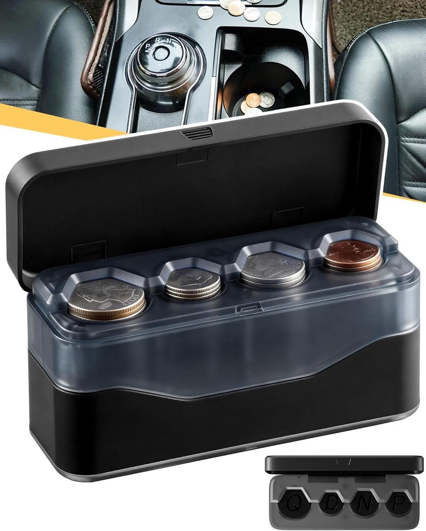 Larger Capacity Coin Holder for Car, Change Coin Organizer Compatible with Coins of Different Size, Compact & Portable Coin Dispenser Storage Fit for Most Vehicle Trucks Accessories Transparent Black (1 Pack)