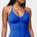 Adamotto Workout Tank Tops for Women with Paded Impact Longline Halter V-Neck Open Back Athletic Top for Gym Yoga Casual Tops - Klein Blue Large (Blue, L)