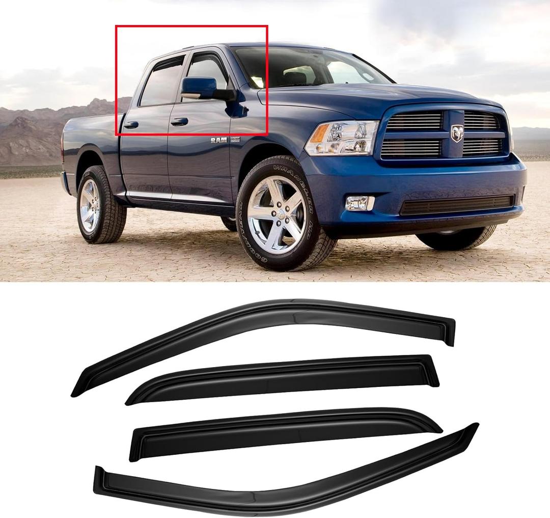 Window Visor for 2009-2018 Dodge Ram 1500 Crew Cab, Out-Channel Rain Guards Shields Vent Deflector Shade Wind Dark Smoke 10-24 Ram 2500 3500 Crew & Mega Cab(4 Full Size Doors), 19-24 Ram 1500 Classic (For 09-18 Ram Crew Cab & Mega Cab)