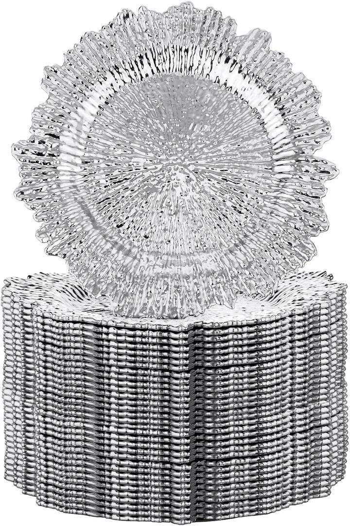 32 Pack Charger Plates Set Reef Chargers for Dinner Table Serving Tray Floral Plastic Decorative Plates for Table Setting Wedding Party, 13 Inch (Silver)