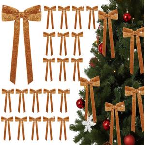 Zhengmy 24 Pcs Long Velvet Bows Glitter Christmas Ornaments Vintage Large Velvet Glitter Christmas Swag Staircase Wreath Tree Topper Bows Large Bow for Outdoor, 6.3 x 12 Inch(Orange)