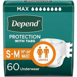Depend Incontinence Protection with Tabs, Unisex, Small/Medium (19–34" Waist, Up To 170 lbs), Maximum Absorbency, 60 Count (3 Packs of 20)