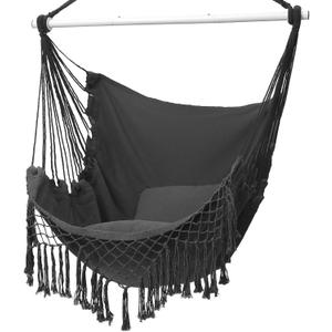 Hammock Chair, Hanging Rope Swing Seat with 2 Cushions,Macrame Hanging Chair Side Pocket with High Load-Bearing Metal Rod,for Indoor, Outdoor, Extra Comfortable (Dark Grey)