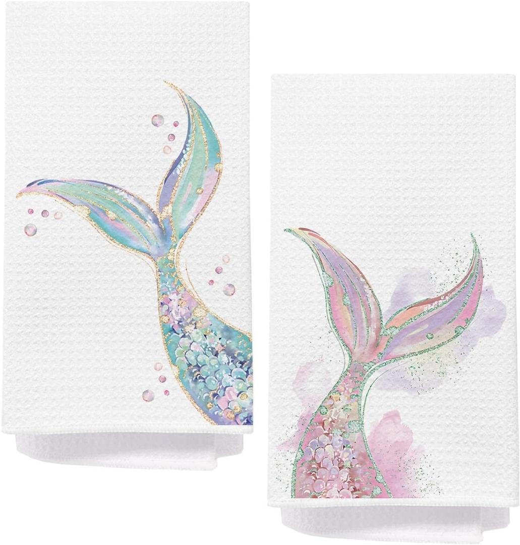 Mermaid Bathroom Decor Hand Towels, Mermaid Gifts for Girls Women, Girls Bathroom Decor, Pink Blue Glitter Tail Decorative Hand Towels, Coastal Beach Ocean Kitchen Towels, 16x24 Inch Set of 2