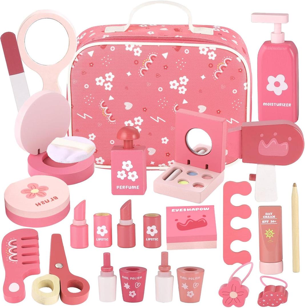 GAGAKU Wooden Makeup for Girls Ages 3-6, Wood Makeup Toy Set Toddler Make up Play Set Kit Pretend Play for Kids (02 Rose Pink)