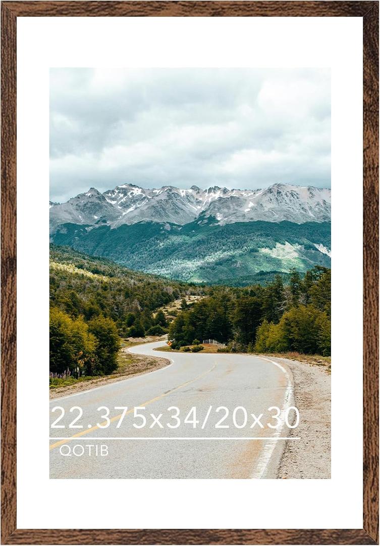 Wood 22.375x34 Picture Frame with 20x30 Mat, Display 20x30 with Mat or 22.375x34 Without Mat, Wood 22.375 by 34 Photo Frame, 22.375 x 34 Frame for Wall Hanging Display, Deep Brown