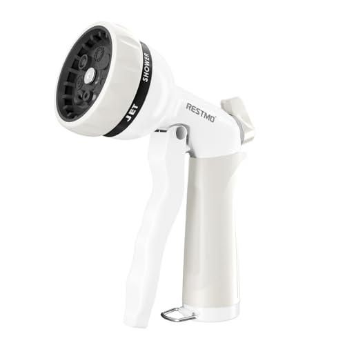 RESTMO Garden Hose Nozzle, Heavy Duty Metal Water Hose Nozzle with 7 Adjustable Spray Patterns, High Pressure Hand Sprayer with Flow Control, Best for Watering Plant & Lawn, Washing Car & Pet, White