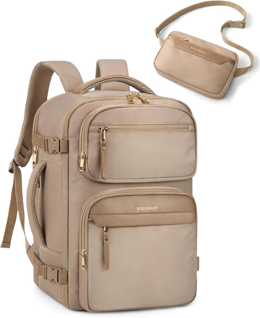 BAGSMART Womens Backpack Carry On Flight Approved, Travel Backpack for Women with Waist Bag,Traveling Lightweight Weekender Casual Daypack 17.3" Laptop Work Back pack Personal Item Bag,Champagne (15.6 Inch)